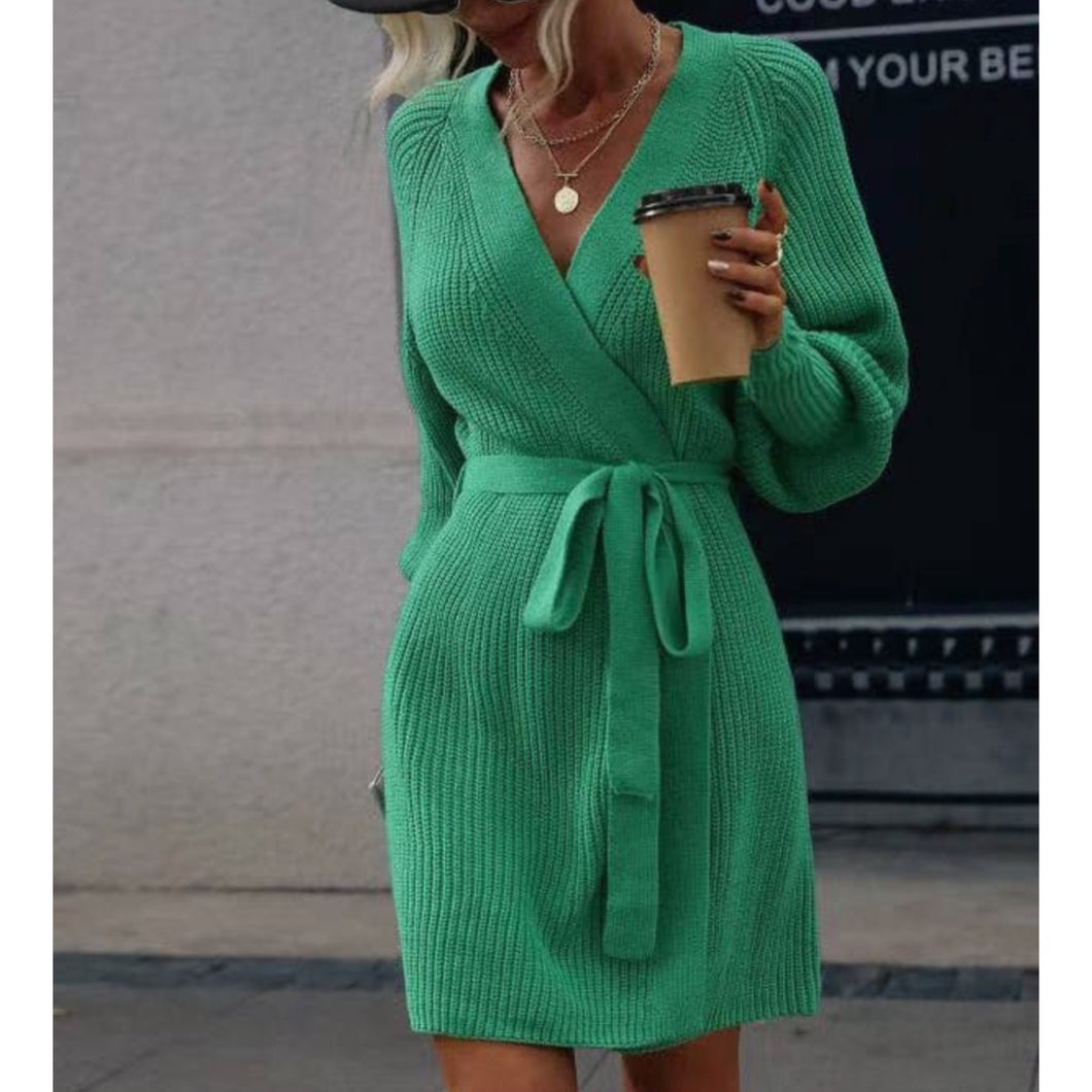 Green wrap sweater dress