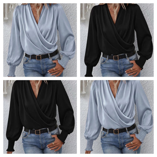 Crossover longsleeve silk blouse