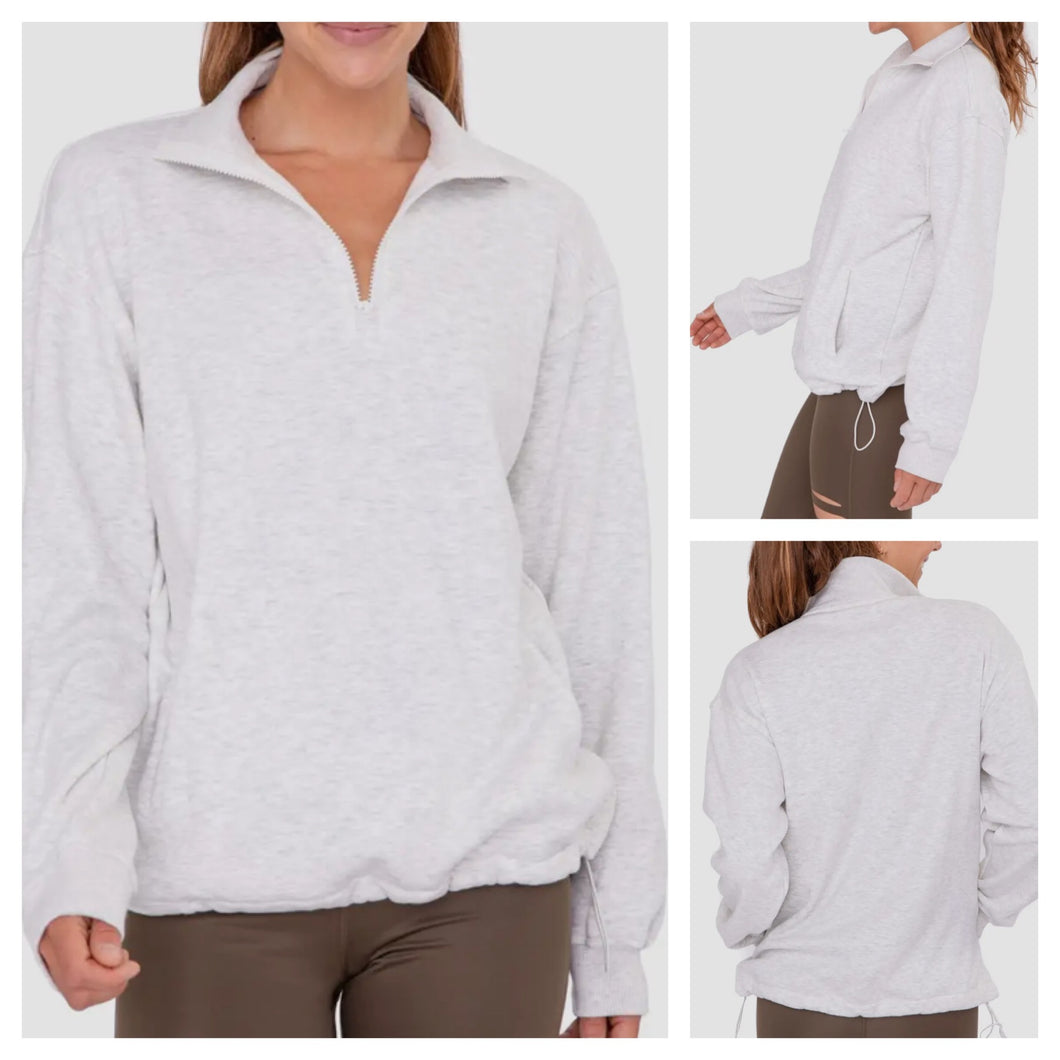 Two-tone grey half-zip drawstring pullover